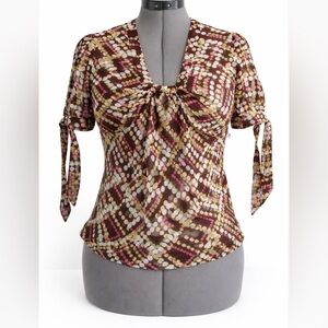 Vintage 90s/Y2K | Mackie & Co Blouse Size 6 Brown Geometric Print Tie Sleeve Top